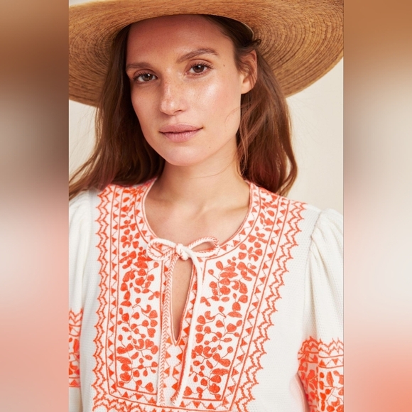 Maeve By Anthropologie Embroidered Cream and Pink Women's Top - Picture 2 of 13